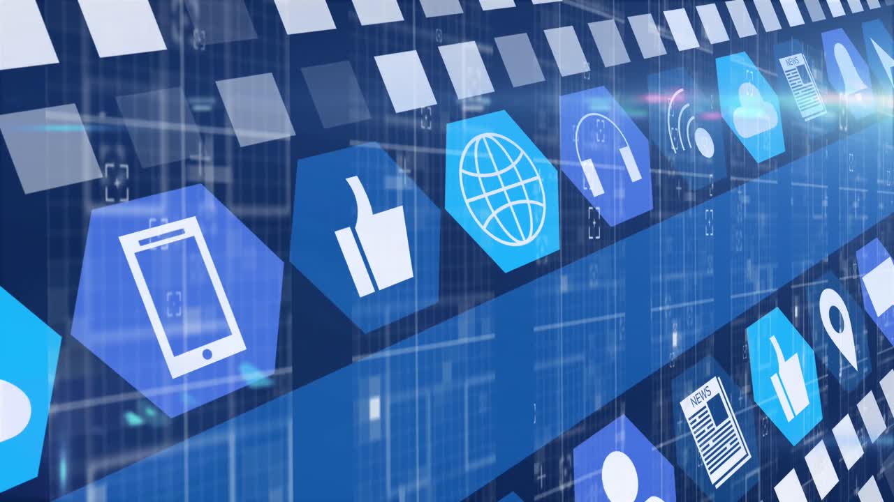 파란색 배경 위의 미디어 아이콘의 애니메이션