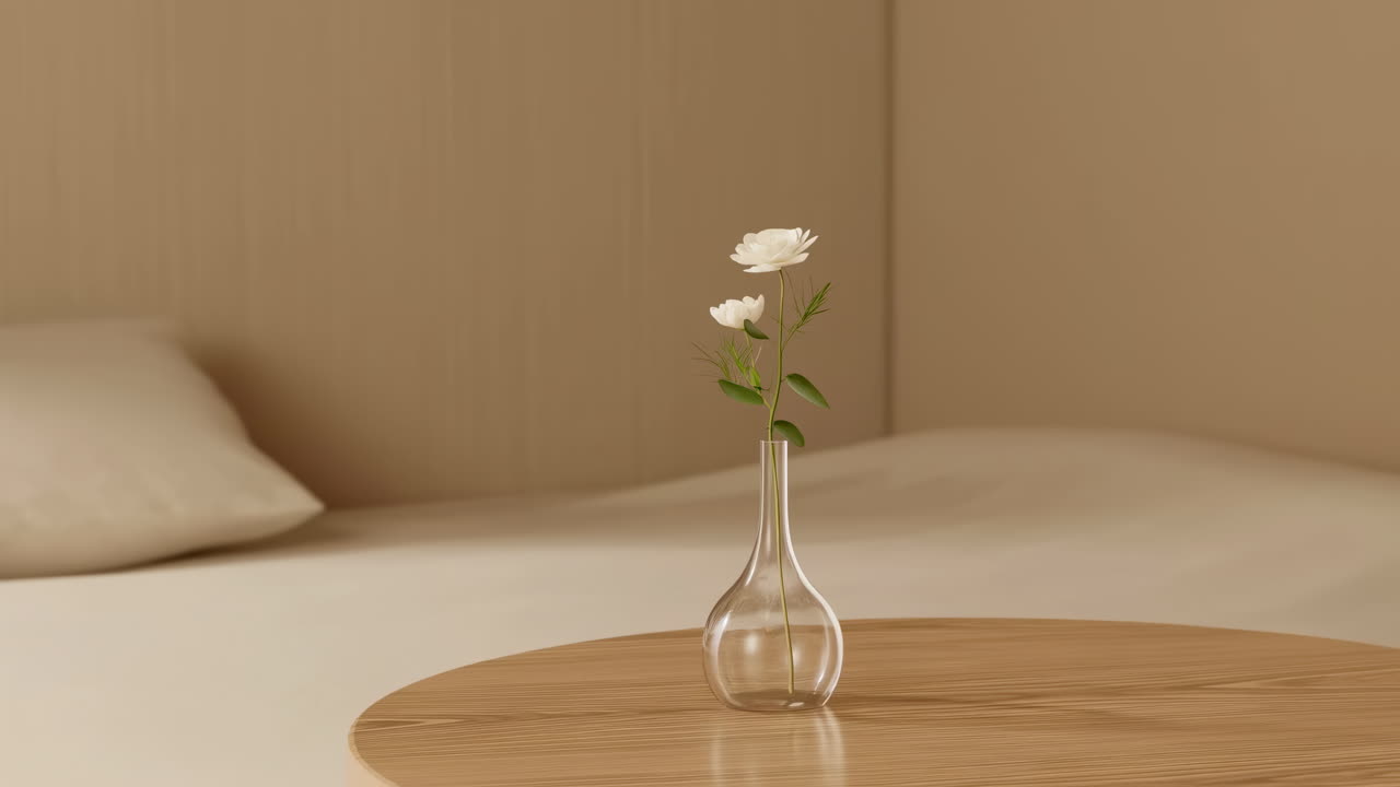 White Flowers in Glass Vase on Wooden Table in Minimalist Bedroom