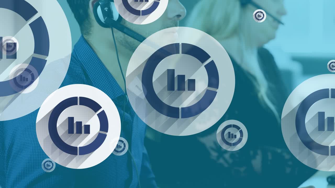 Animation of online icons over diverse business people wearing phone headsets