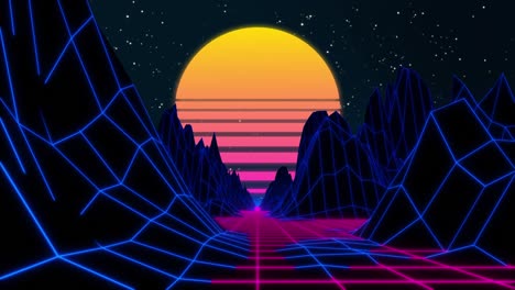 80s retro futuristic sci-fi seamless loop. vj landscape with neon lights