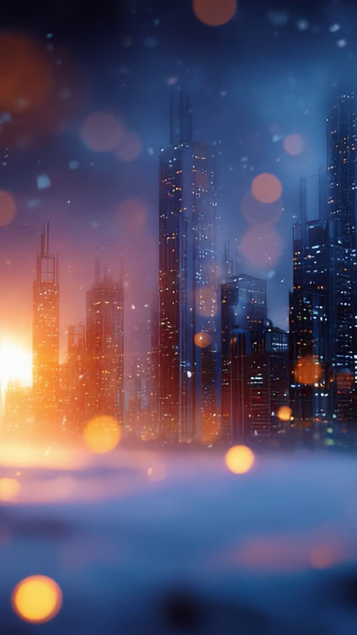 A vibrant digital cityscape illuminated by a breathtaking sunset, revealing a blend of modern skyscrapers and glowing lights against a stunning, atmospheric backdrop of blue and orange hues