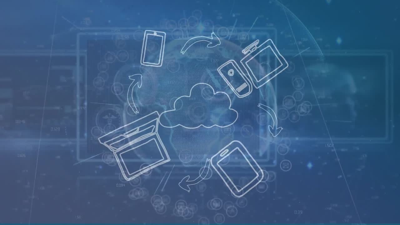 Animation of globe of connections with icons and cloud