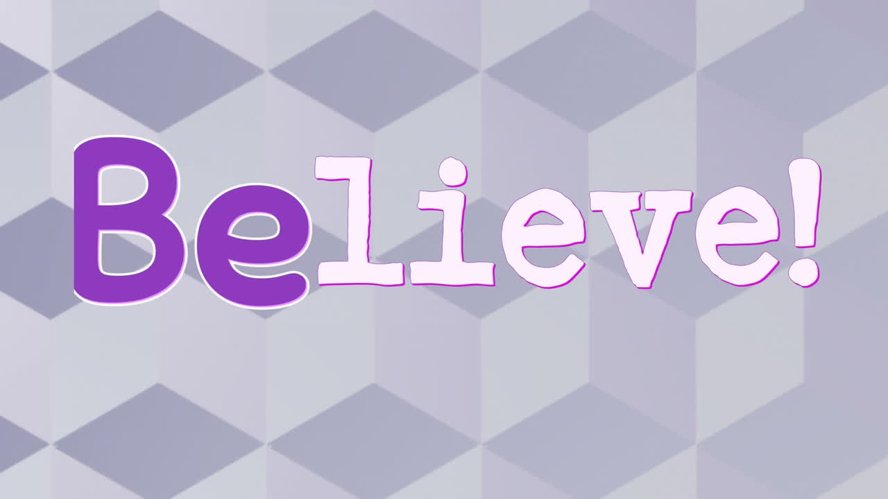 Animation of believe text on purple 3d pattern background