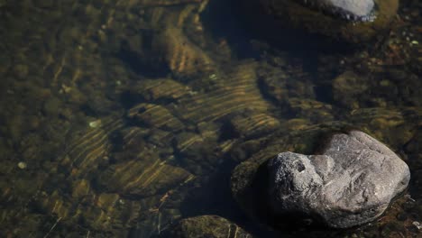 Agua-Haciendo-Patrones-De-Anillos-Fuera-De-Las-Rocas-Con-Guijarros-Debajo-De-Las-Aguas-Poco-Profundas