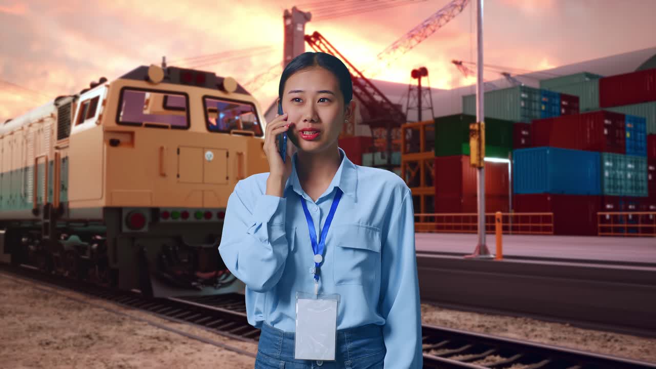 Asian Female With Freight Cargo Train At Port, She Pick The Phone Up And Started To Speaking With It