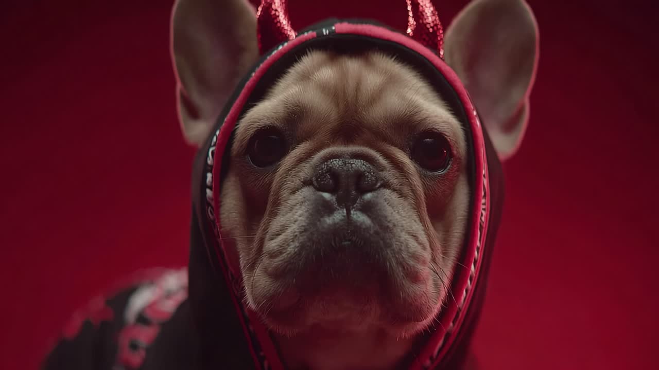 Un bulldog francese elegante vestito con un costume da diavolo rosso, che emana sicurezza e fascino su uno sfondo rosso intenso, catturando gli spettatori con il suo look unico