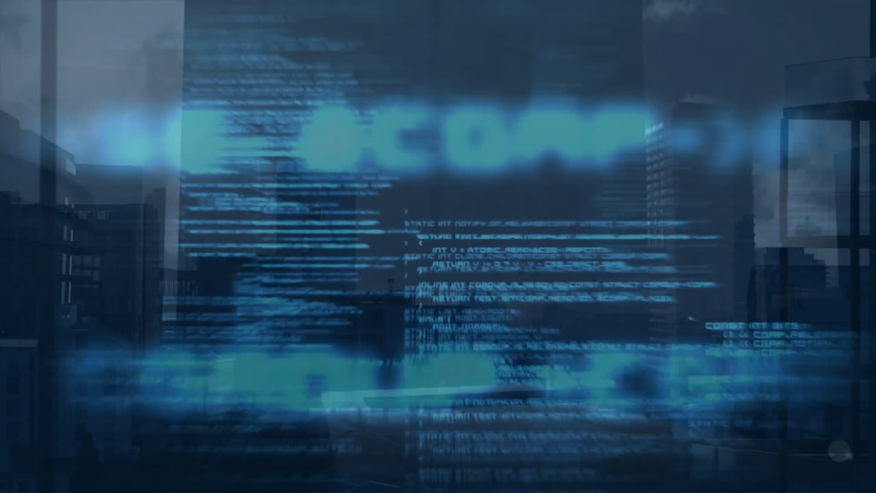 Animation of computer language moving over modern buildings