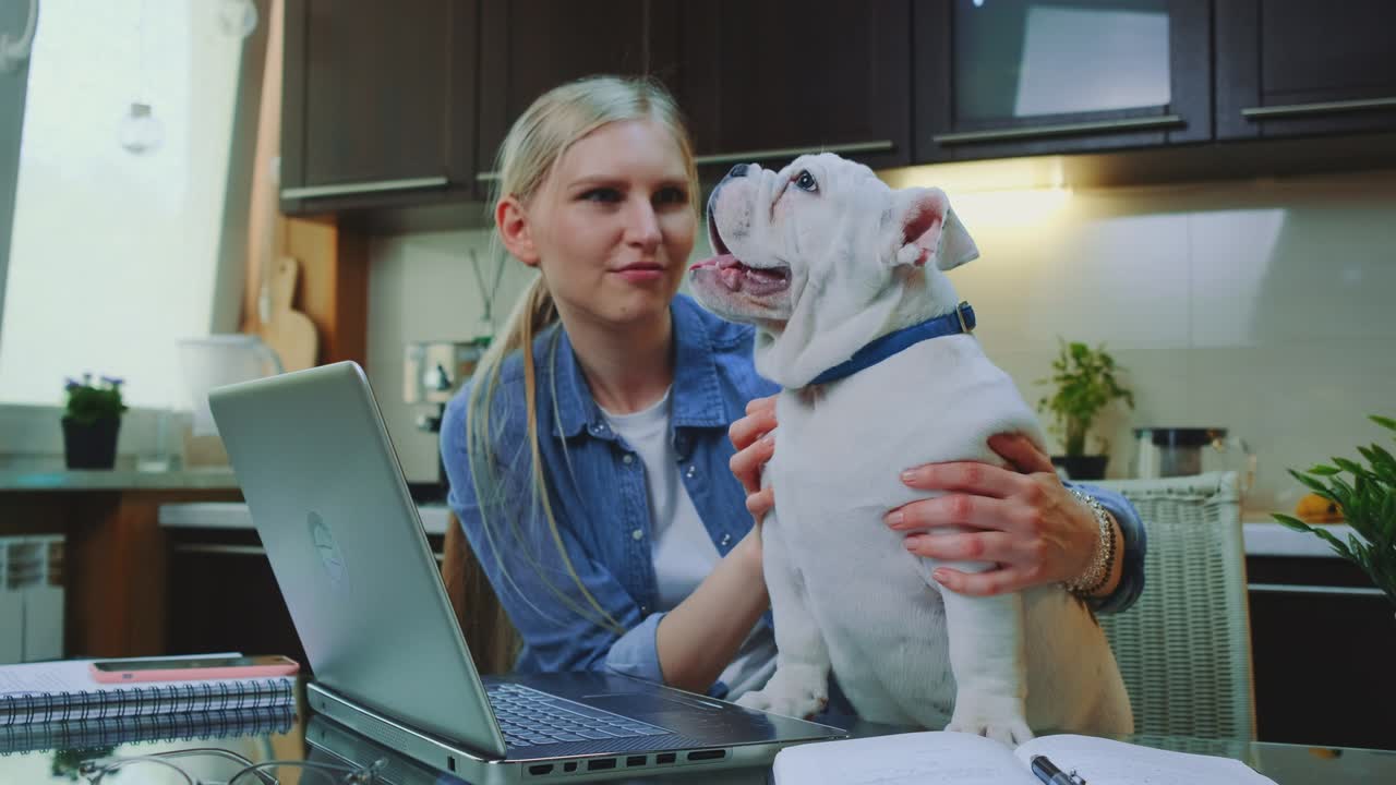 금발 소녀가 집에서 부에서 불도그를 만지고 이야기하고 있습니다.