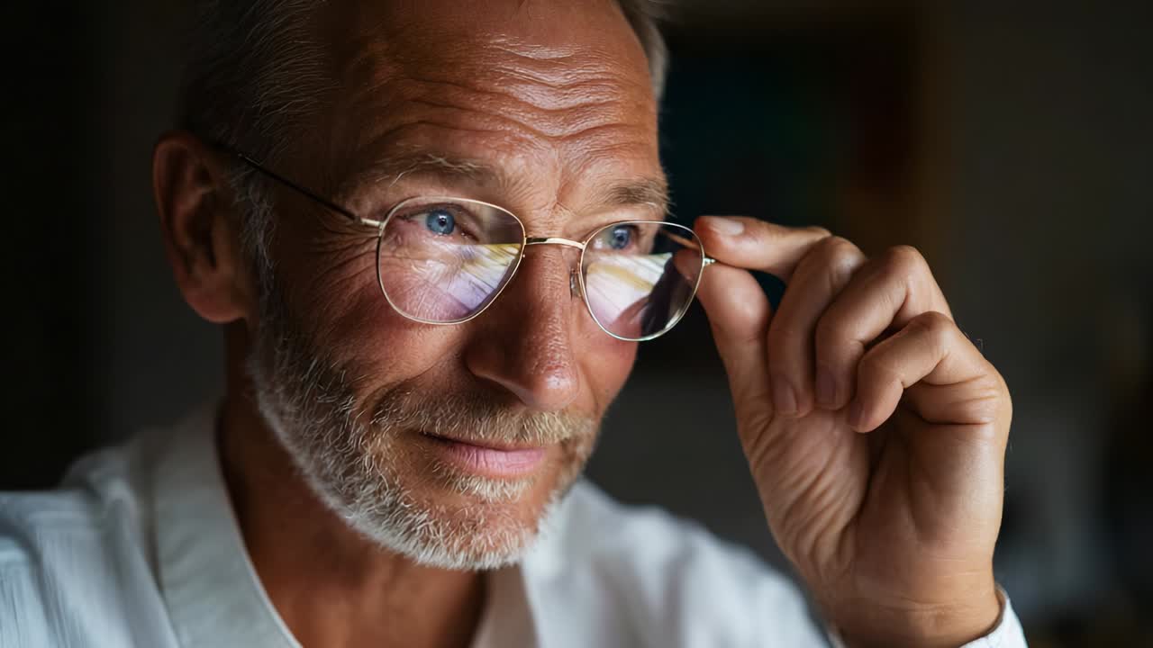 A Thoughtful Man Adjusting His Glasses: Capturing a Moment of Reflection and Contemplation, Highlighting the Details of His Expression and the Intricacies of His Eye Glasses in a Well-Lit Setting