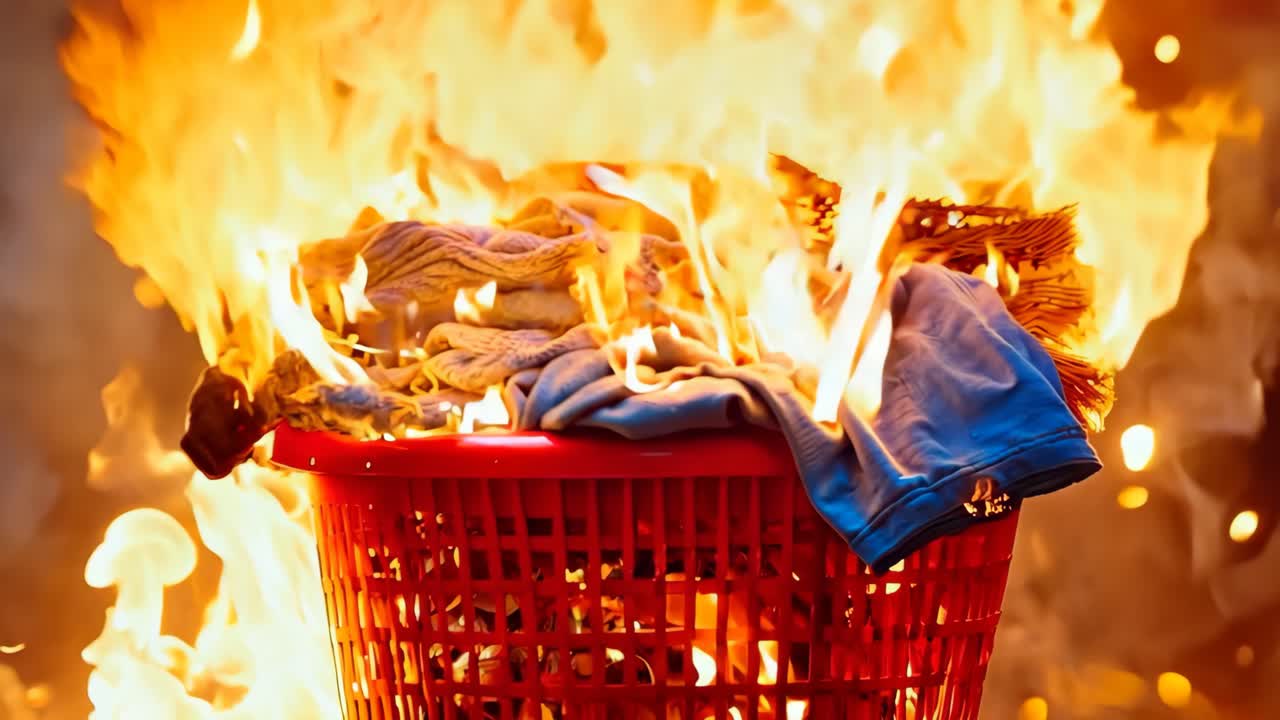 불타는 옷으로 가득 찬 빨간 바구니