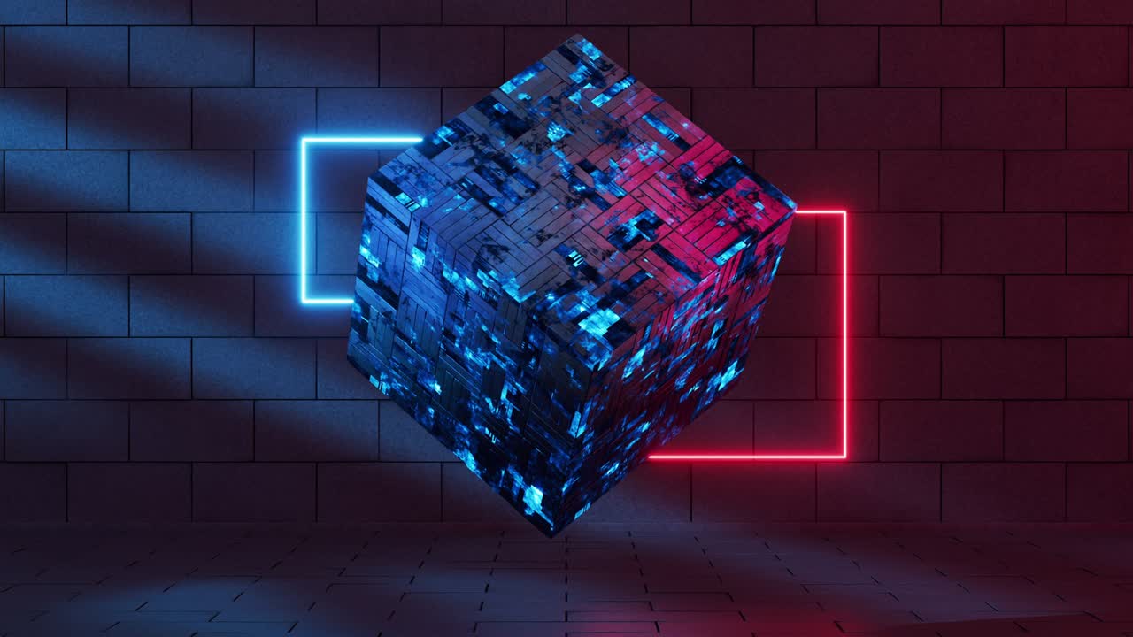 líneas de neón brillantes con material cúbico, renderización en 3d.