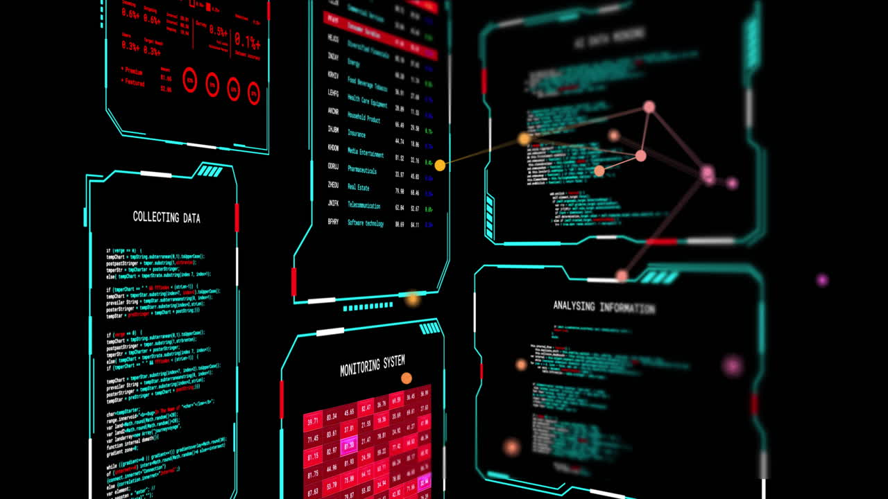 animation der digitalen datenverarbeitung über bildschirme auf schwarzem hintergrund