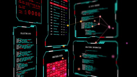 Animation of digital data processing over screens on black background