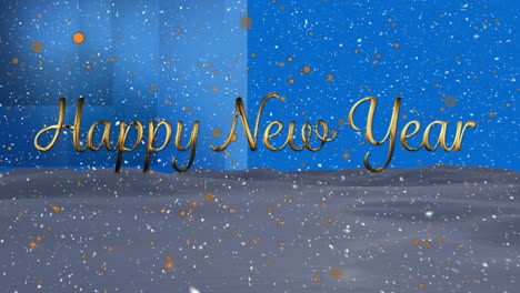 animation of new year greetings and golden dots falling on blue background