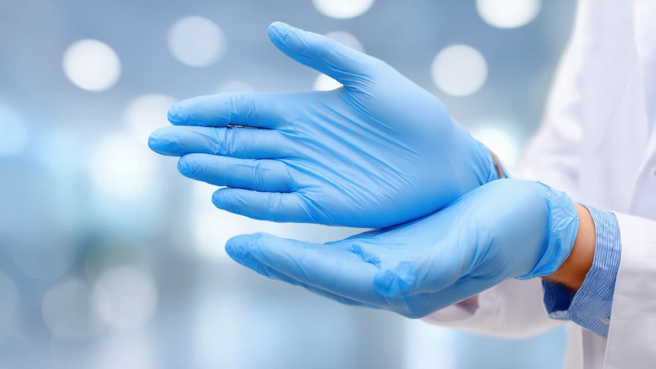 A Healthcare Professional Prepares for a Procedure by Putting on Blue Latex Gloves in a Clean and Professional Environment