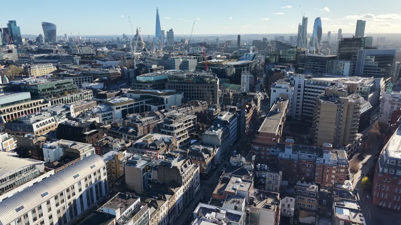 London Skyline Rising Over Hatton Garden Drone Aerial sunny day