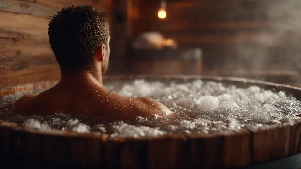 Relaxing Moments: A Peaceful Escape in a Wooden Hot Tub Surrounded by Soothing Bubbles and Soft Ambient Light