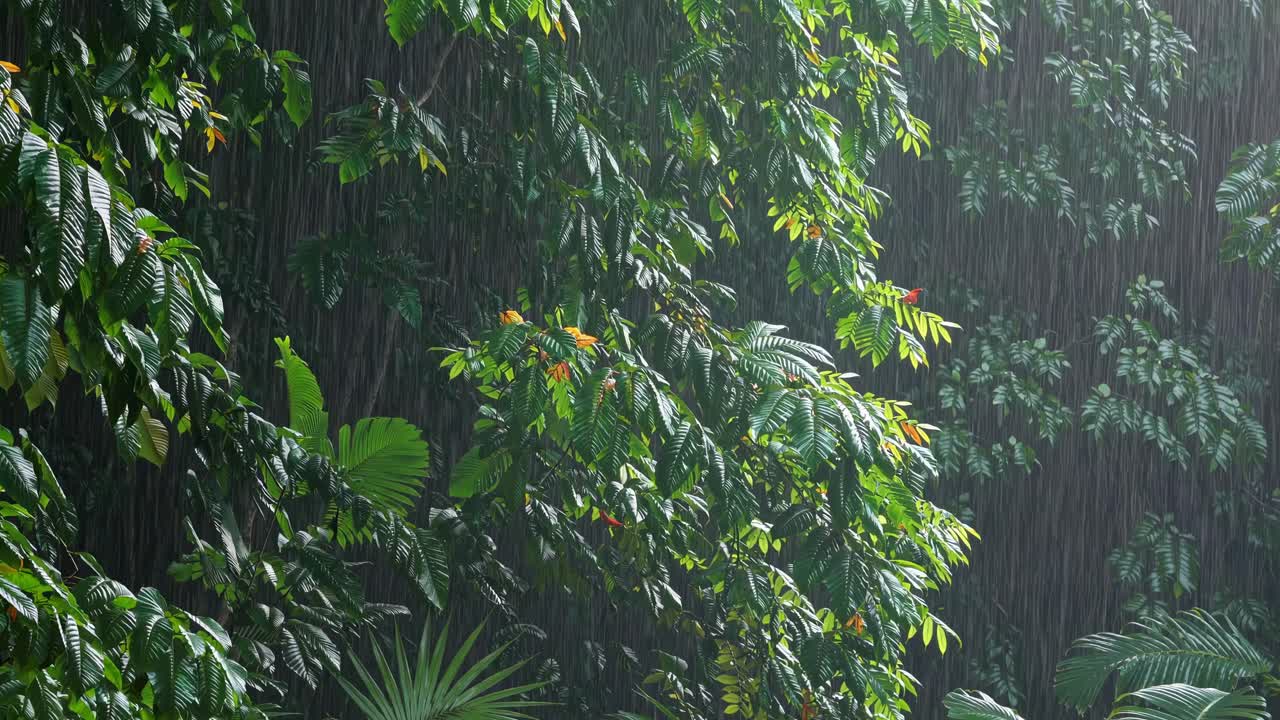 Lush tropical foliage under rain