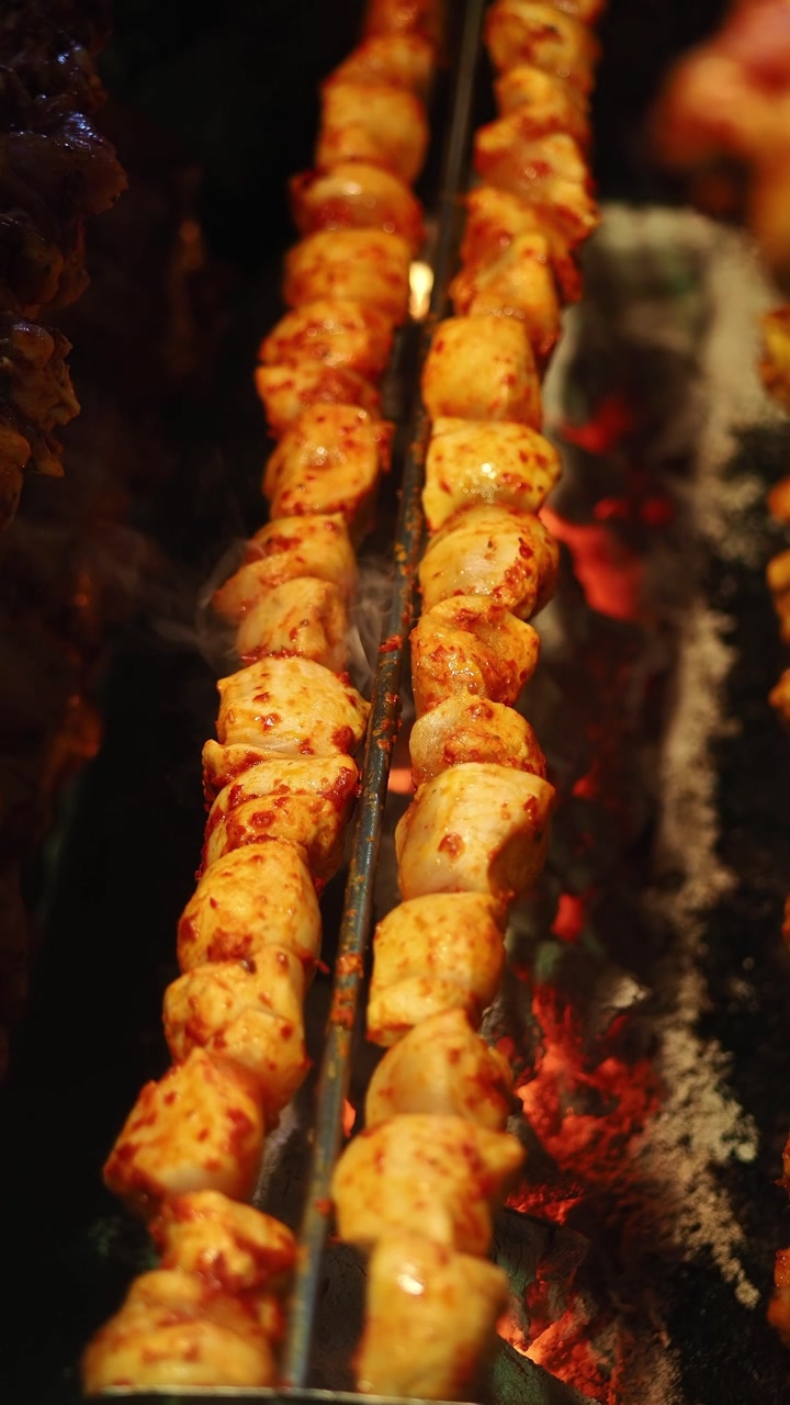 Marinated Chicken Skewers Grilling Over Hot Coals