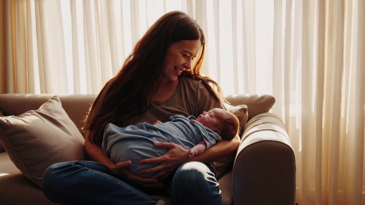 A mother gently holding her newborn baby at home