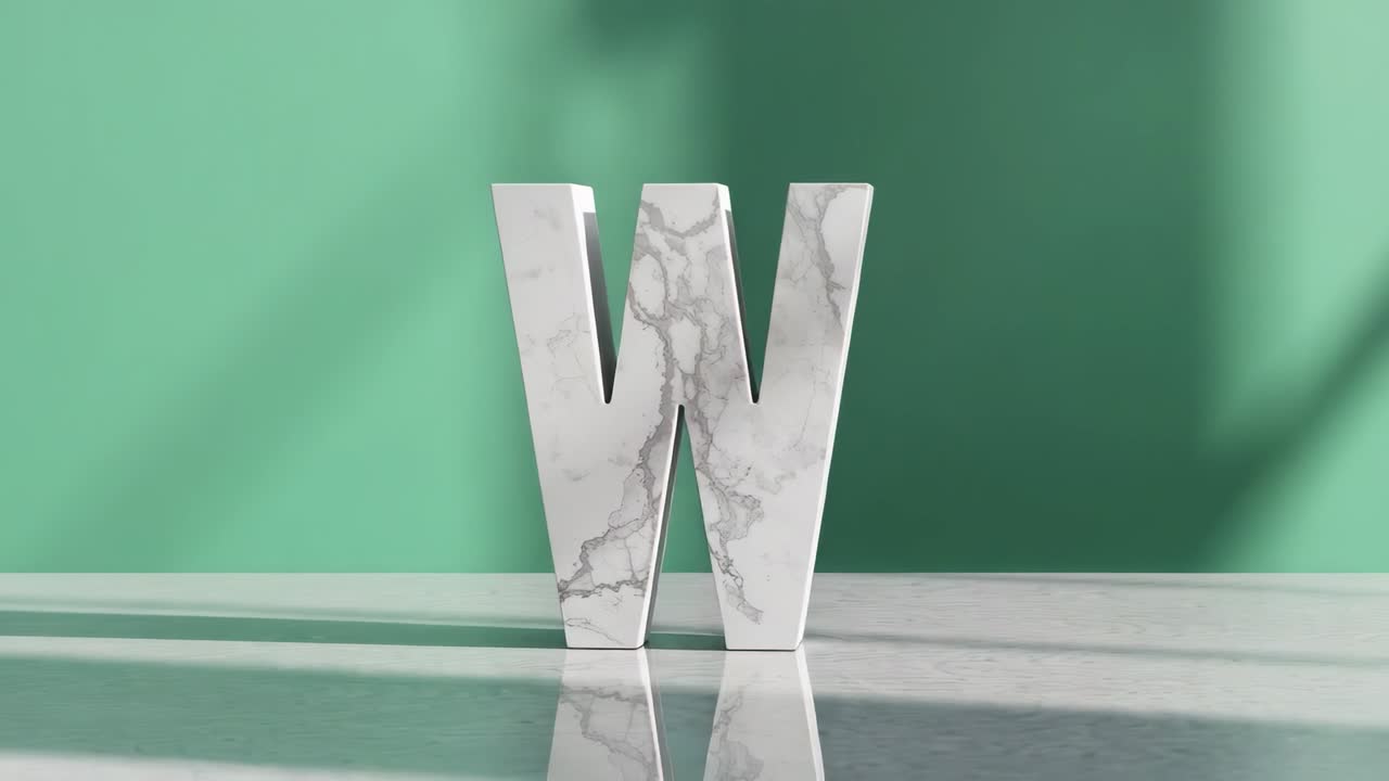 Rotating marble letter W revealing front-to-side face on green backdrop and reflective table