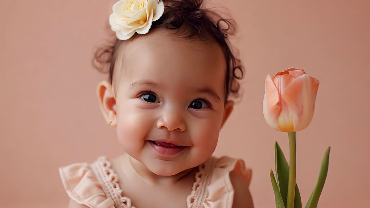 Smiling Baby with a Tulip