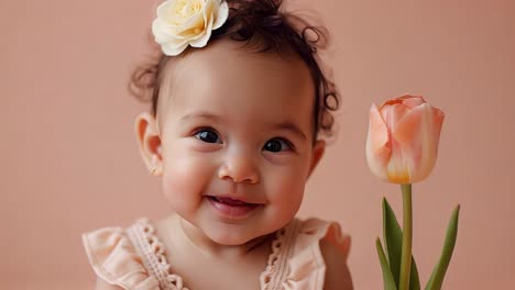 smiling baby with a tulip