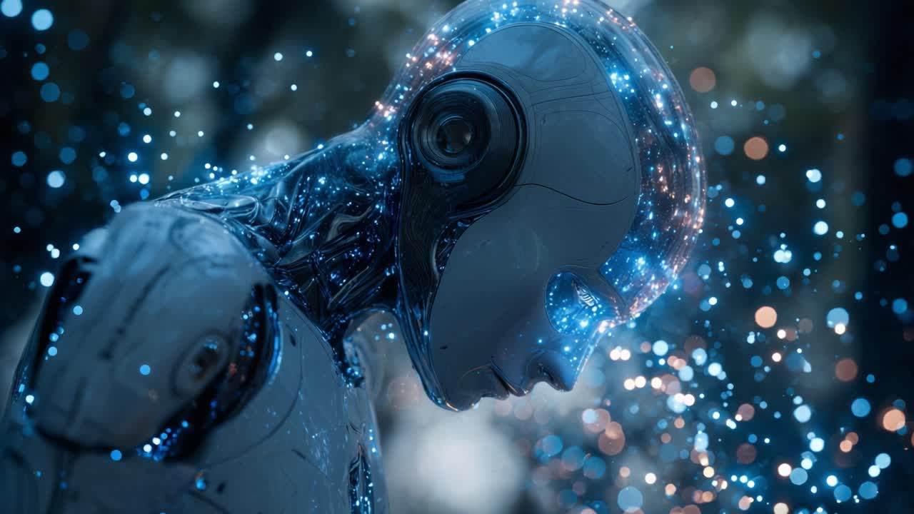 Sophisticated android with human like features expressing sadness or contemplation. Luminous blue particles float around its head in a futuristic, high tech environment with bokeh lights