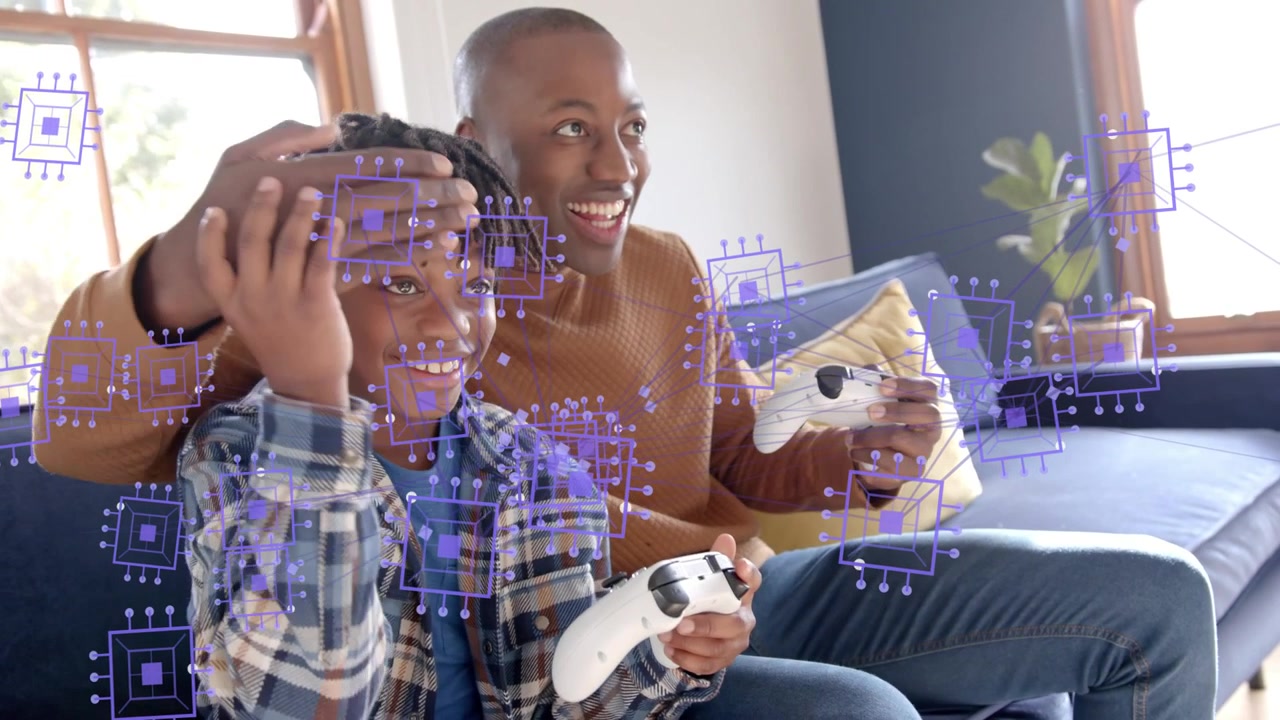 Papà che si sporge sul ragazzo mentre gioca, con un overlay di chip viola sui controller, stuzzicandolo coprendo e scoprendo gli occhi.