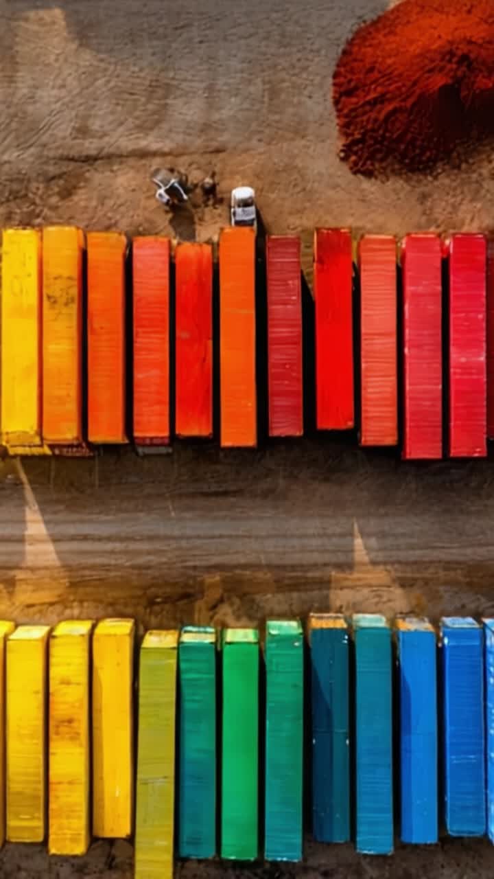 Luchtbeeld van kleurrijke zeecontainers in een georganiseerde opstelling, met levendige tinten rood, oranje, geel, groen en blauw tegen een neutrale achtergrond
