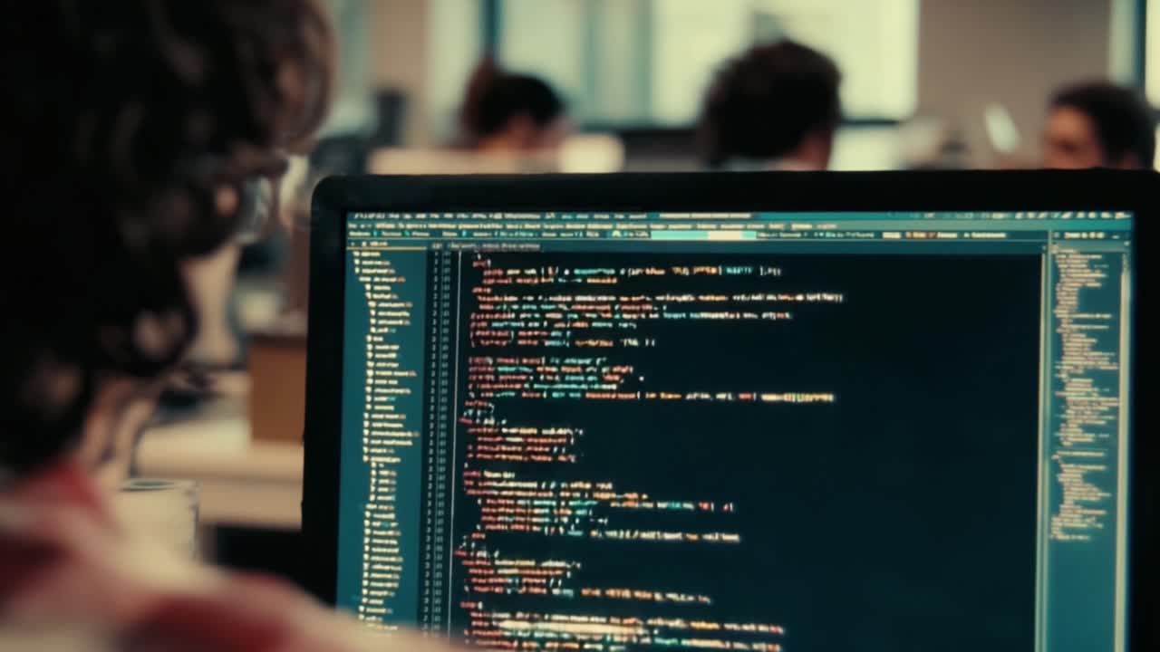 A Glimpse into the World of Coding: Two Frames Highlighting a Programmer's Journey Through Lines of Code in a Modern Office Environment