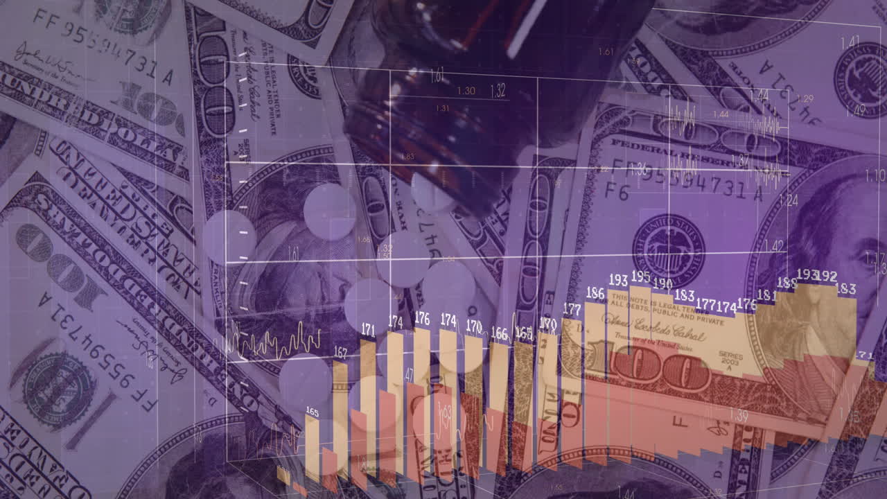 animación del procesamiento de datos financieros sobre dólares y píldoras