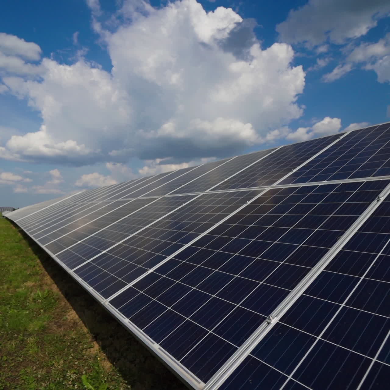 Close-up view at solar panel to generate electricity. Alternative source of electricity on innovative solar energy farm.