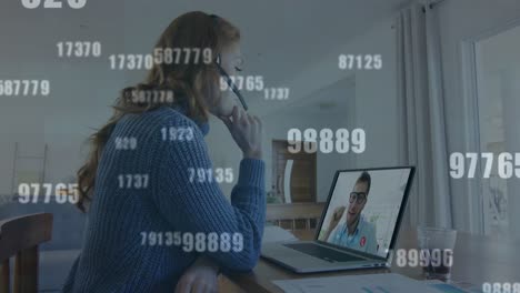 Animation-of-numbers-changing-over-woman-using-laptop-on-video-call