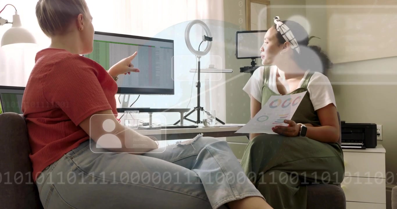 Apresentador levantando gráfico e gerando sobreposições de gráficos animados ao redor do monitor para revisão de design