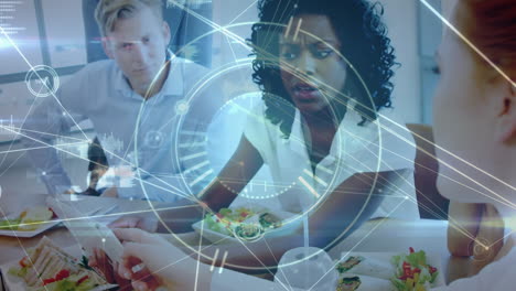 animation of network of connections over diverse women discussing over while having lunch at office