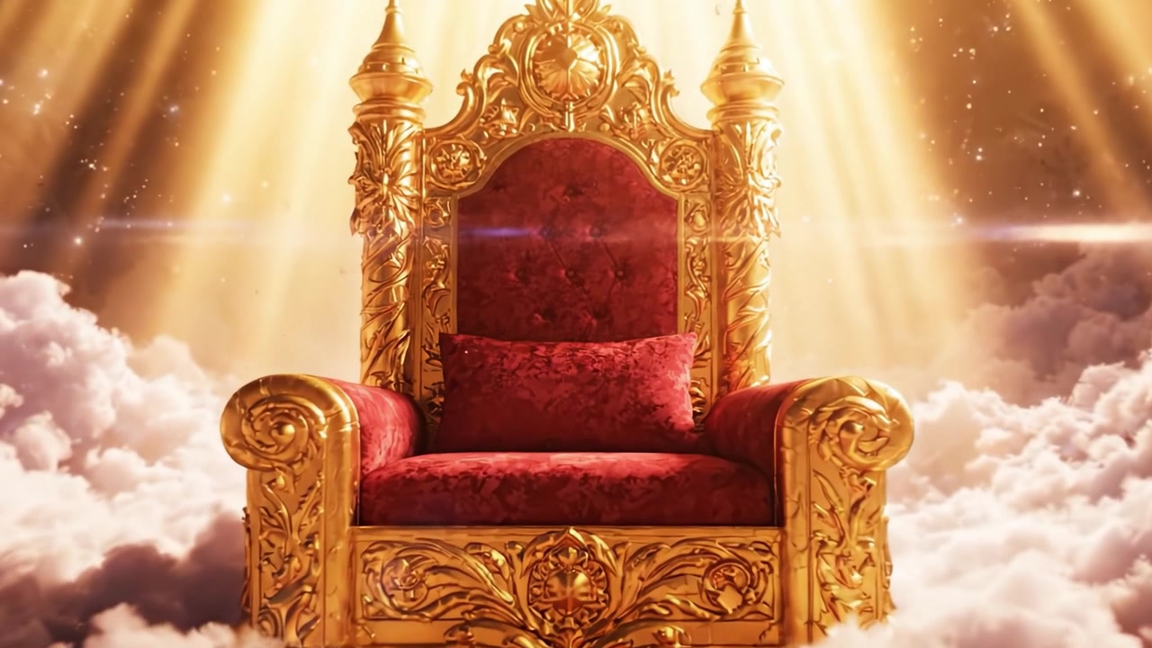 Ein majestätischer goldener Thron, umgeben von ätherischen Wolken und strahlendem Licht, der Macht und Autorität in einem mystischen Reich symbolisiert