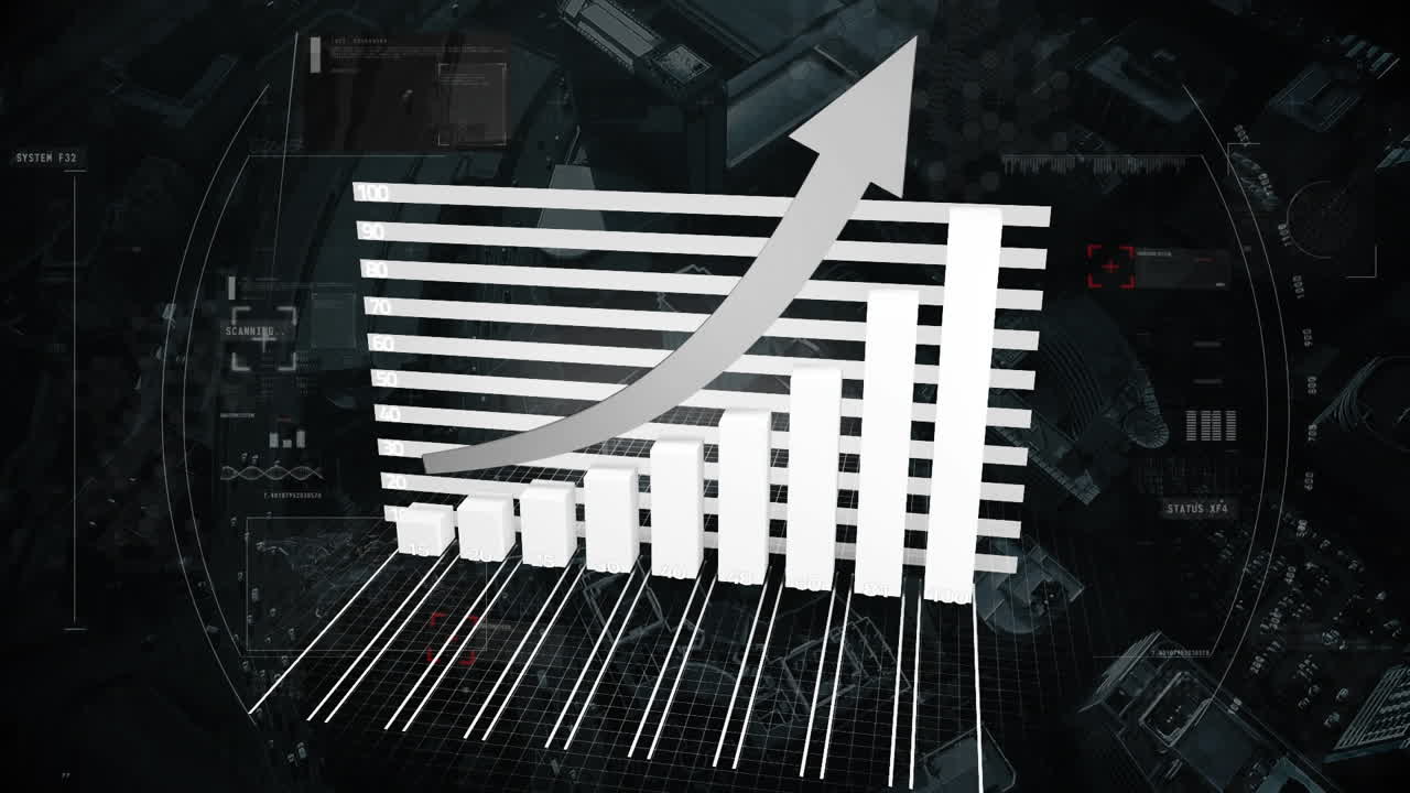 Animation of statistics and data processing over cityscape