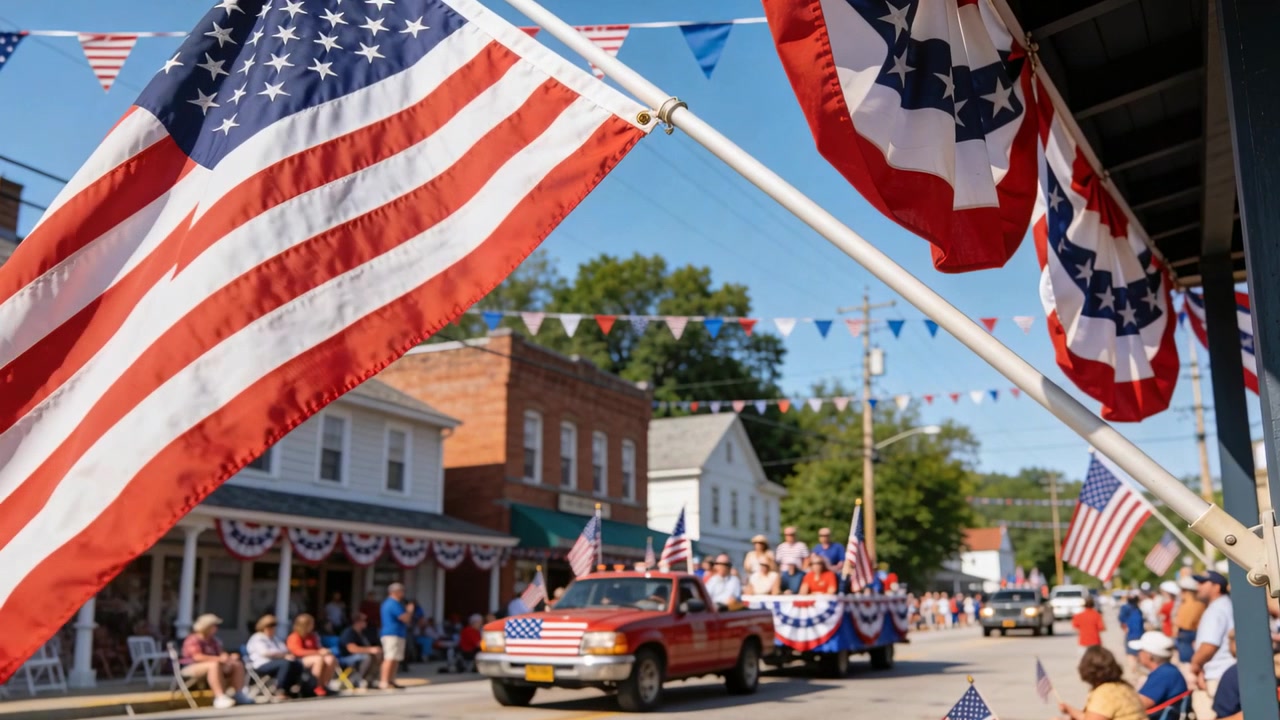 Pickup entering main st US flag fluttering on porch while float passing parade crowd waving flags