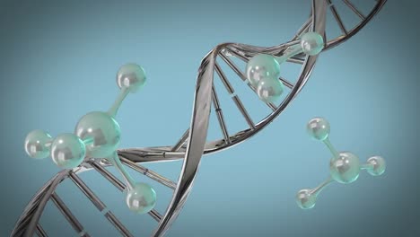 Animation-Von-3D-Mikromolekülen-Und-DNA-Strang-Auf-Blauem-Hintergrund