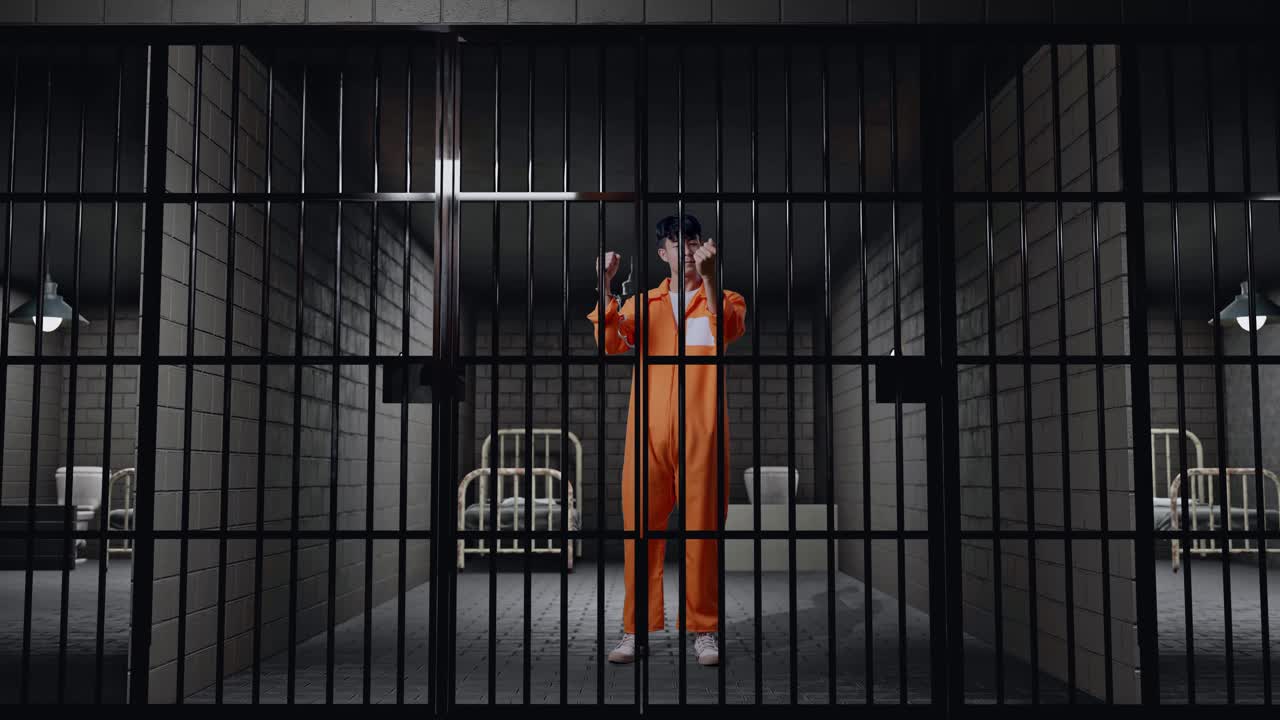 cuerpo lleno de prisionero masculino asiático con esposas rotas gritando meta celebrando mientras estaba de pie en la prisión