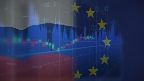 animation of flag of russia and eu over data processing