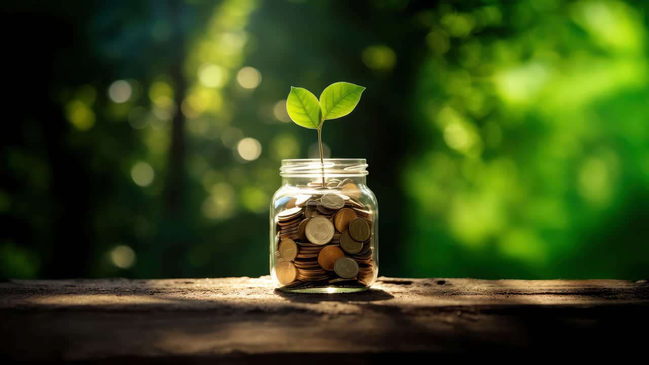 A low-angle video shot of a jar filled with coins and a small plant, symbolizing growth and savings