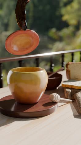 honey pouring into a honey pot on a wooden table