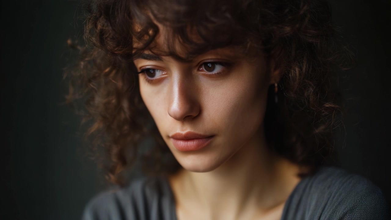 A Thoughtful Expression: Capturing the Depth and Nuance in a Close-Up of a Woman with Curly Hair, Revealing Emotional Contemplation and Introspection