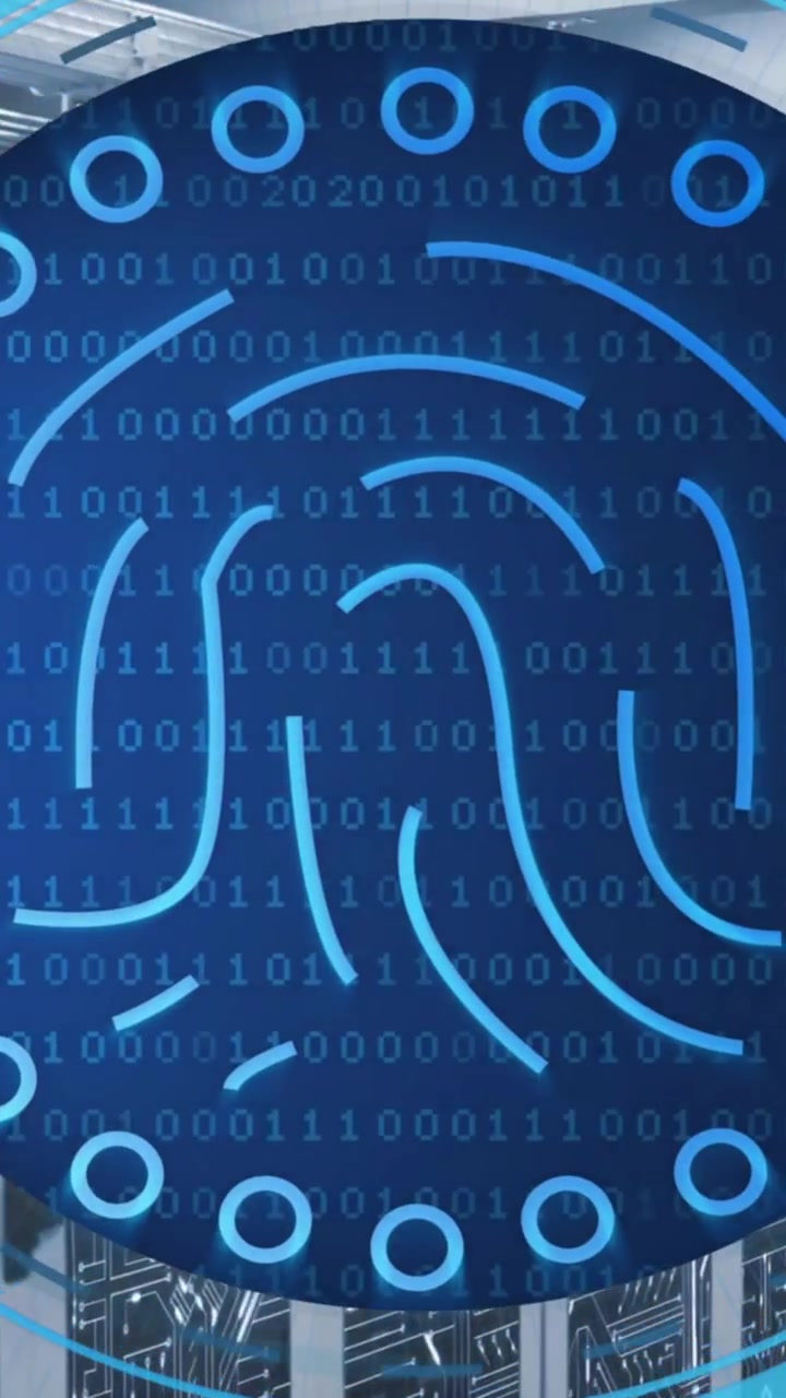 Animation of biometric fingerprint scanner processing and network over server room