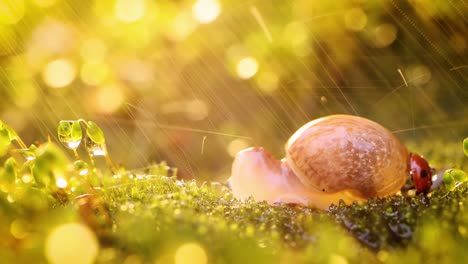 Close-up-wildlife-of-a-snail-and-ladybug-under-heavy-rain-in-the-sunset-sunlight.