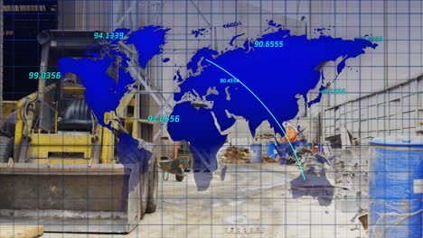 animation of map with numbers and lines over backhoe loaders truck parked in background