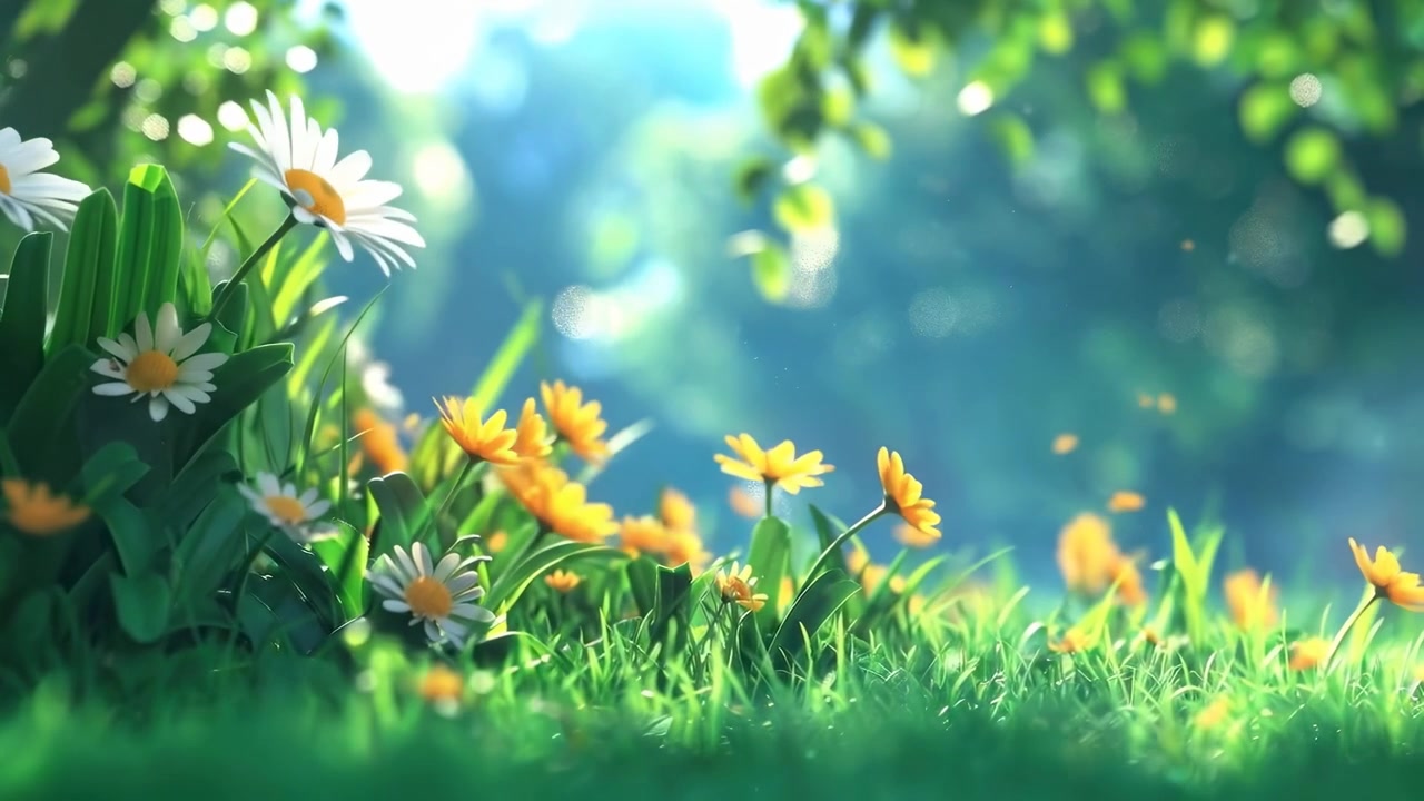Peaceful Meadow with Daisies and Yellow Flowers in Soft Sunlight