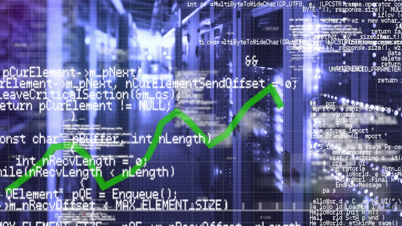 animación del procesamiento de datos y diagrama sobre la sala del servidor